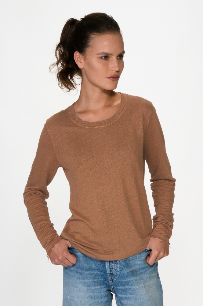 Brown Long Sleeves Linen T-Shirt