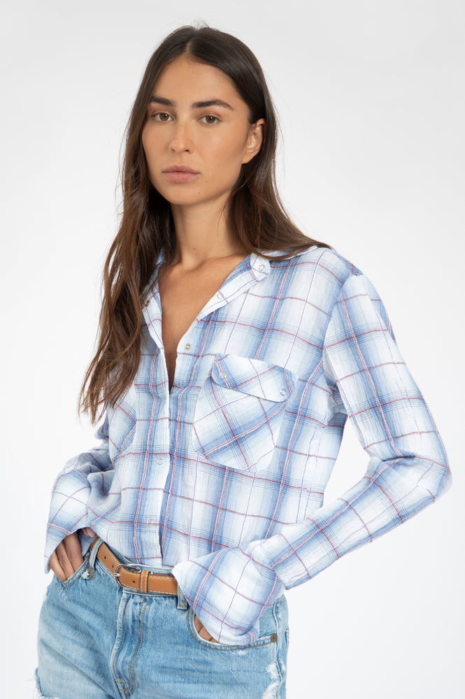 
                  
                    Load image into Gallery viewer, Baby Blue  western plaid snap shirt
                  
                