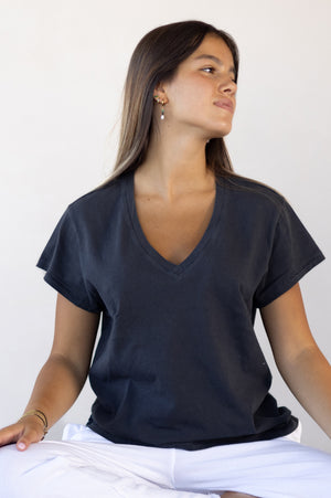 
                  
                    Load image into Gallery viewer, Black organic cotton ribbed  vee neck tee
                  
                