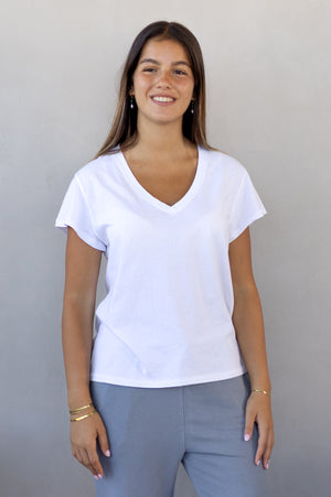 
                  
                    Load image into Gallery viewer, White organic cotton ribbed  vee neck tee
                  
                