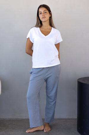 
                  
                    Load image into Gallery viewer, White organic cotton ribbed  vee neck tee
                  
                