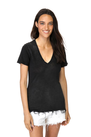 
                  
                    Load image into Gallery viewer, Black V Neck Linen Tee
                  
                