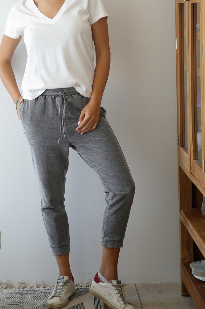 Grey Elastic Ribbed Corduroy Pants
