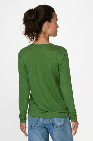 
                  
                    Load image into Gallery viewer, Green V Neck Linen Tee Long Sleeve
                  
                