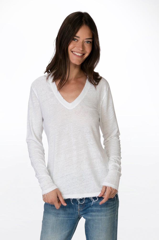 
                  
                    Load image into Gallery viewer, White V Neck Linen Tee Long Sleeve
                  
                