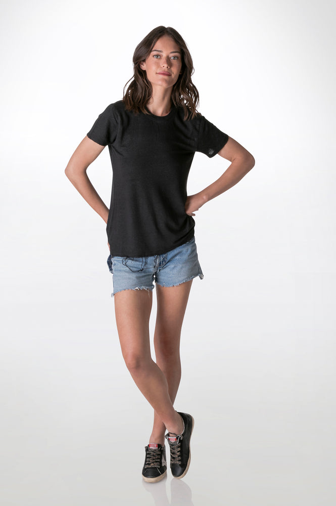 
                  
                    Load image into Gallery viewer, Black crew neck linen Tee
                  
                