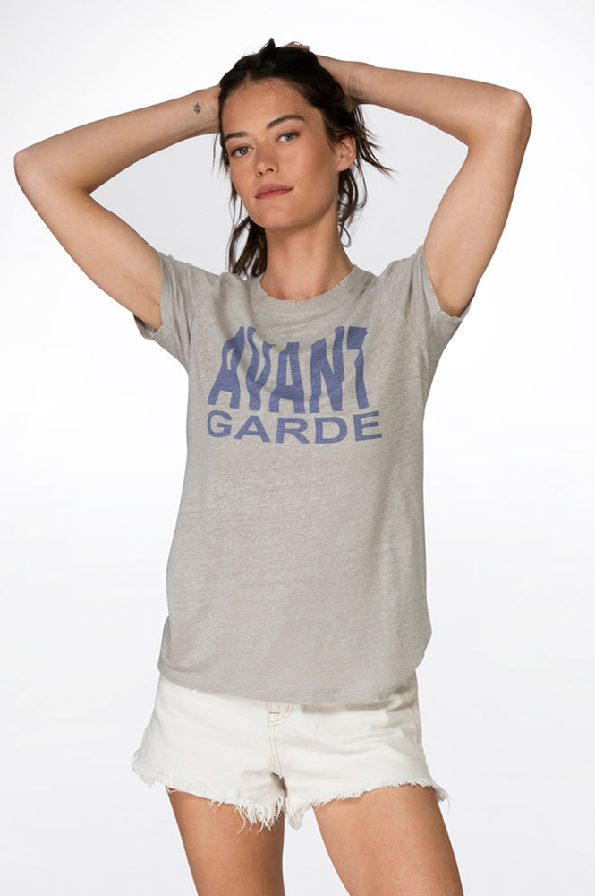 
                  
                    Load image into Gallery viewer, Printed Grey crew neck linen Tee
                  
                