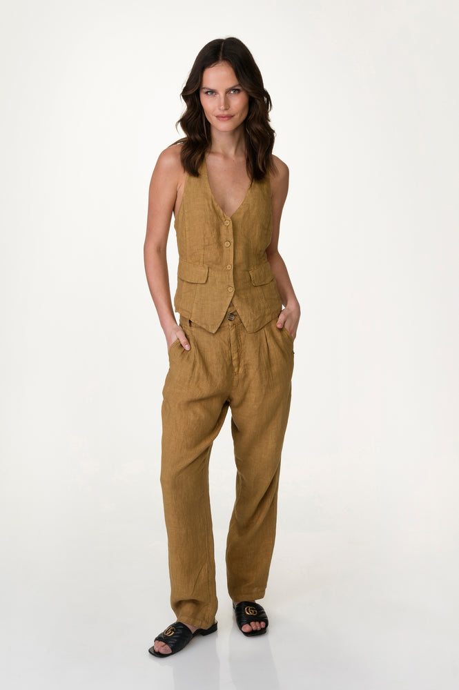 Brown Washed Linen Pleated Front Pants