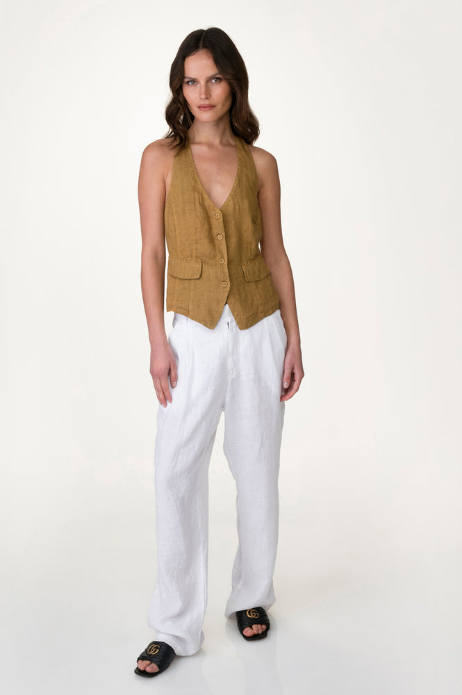 White Washed Linen Pleated Front Pants