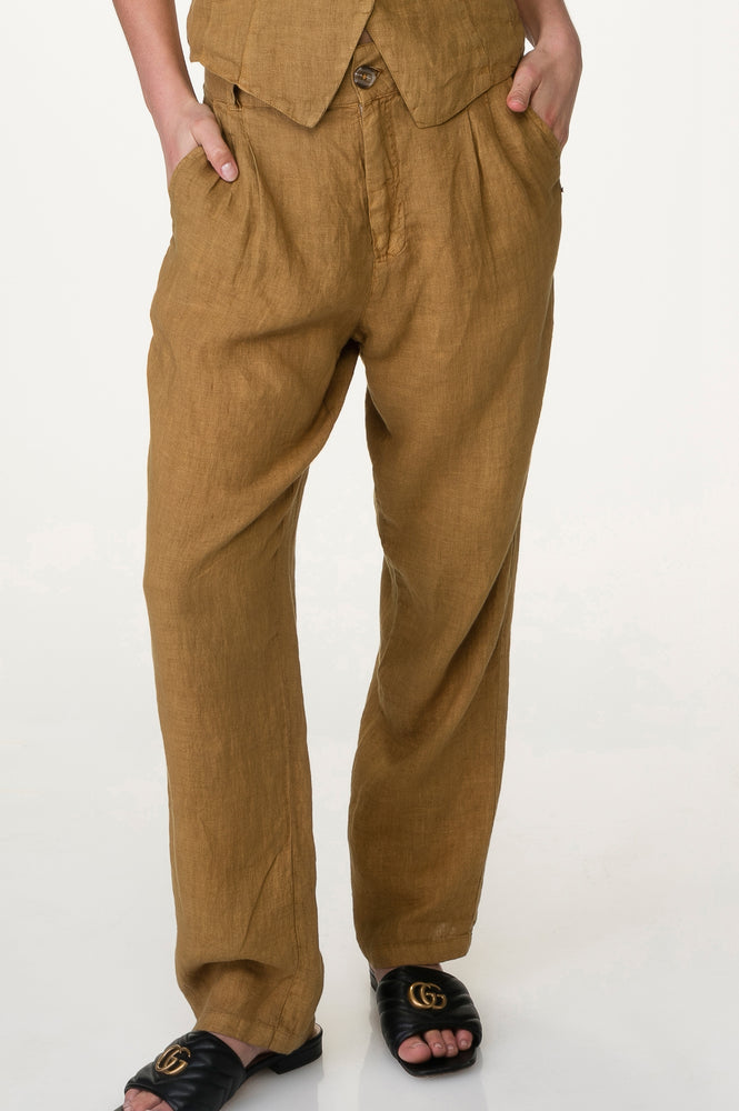 
                  
                    Load image into Gallery viewer, Brown Washed Linen Pleated Front Pants
                  
                