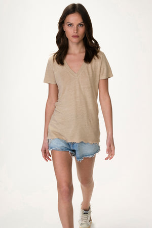 
                  
                    Load image into Gallery viewer, Taupe Deep V Linen Tee
                  
                