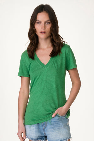 
                  
                    Load image into Gallery viewer, Green V Neck Linen Tee
                  
                