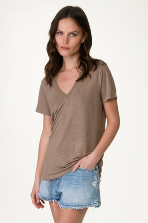 
                  
                    Load image into Gallery viewer, Sand Deep V Linen Tee
                  
                