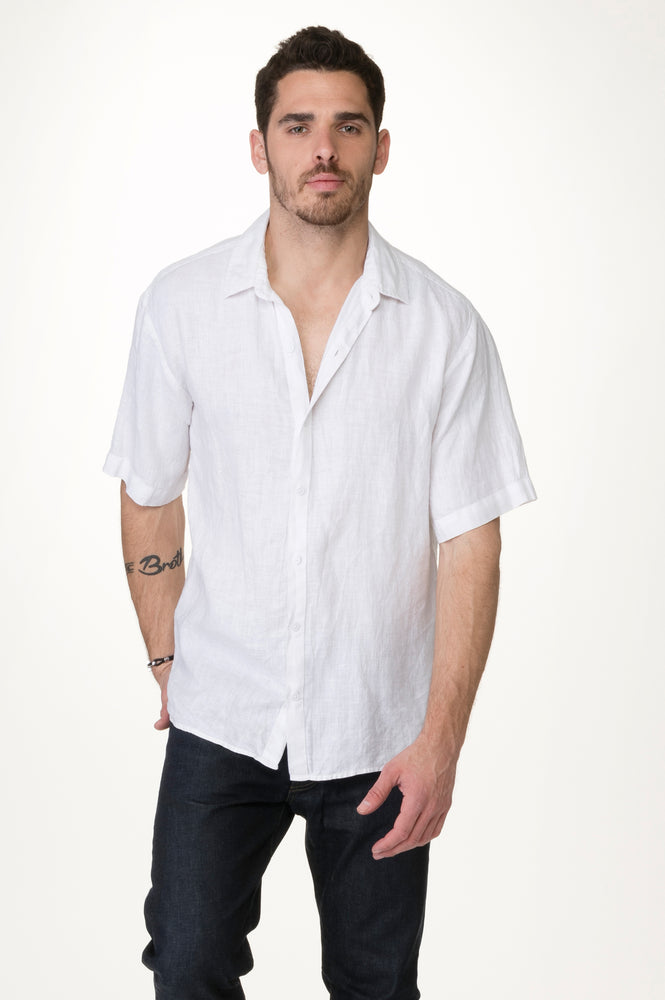 White washed linen men button down ss shirt