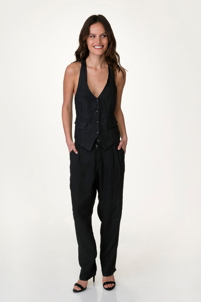 Black Washed Linen Pleated Front Pants